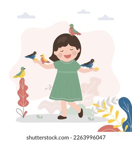 Caucasian girl feeds birds. Various birds perched on hands and head preschooler child. Delicious and healthy food for pets or wild animals. Flat vector illustration