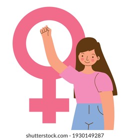 caucasian girl with female icon celebrating international women's day. vector illustration