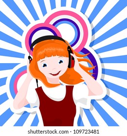 caucasian girl with headphones listening to music - vector illustration