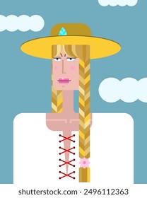 Chica caucásica con largas trenzas rubias, con ropa étnica y sombrero de paja. Personaje de dibujos animados grotesco geométrico sobre fondo azul nublado.