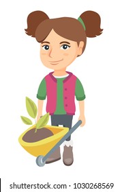 Caucasian girl pushing wheelbarrow with soil and plant. Little girl pulling wheelbarrow full of soil with plant. Vector sketch cartoon illustration isolated on white background.