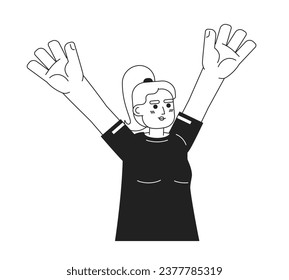 Caucasian girl raising hands monochromatic flat vector character. Expression. Positive emotions. Editable thin line half body person on white. Simple bw cartoon spot image for web graphic design