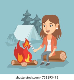 Caucasian girl roasting marshmallows over campfire on the background of camping site with a tent. Girl sitting near campfire and roasting marshmallows. Vector cartoon illustration. Square layout.