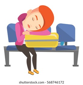 Caucasian girl sleeping on luggage in airport. Woman sleeping on suitcase at airport. Woman waiting for a flight and sleeping on suitcase. Vector flat design illustration isolated on white background.