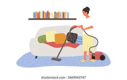 Caucasian girl vacuum cleaning the carpet at home. Concept of daily life and everyday routine scene by young woman in cozy interior. Flat carton vector illustration