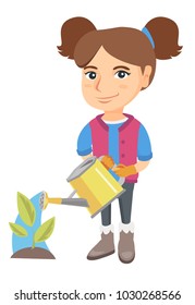 Caucasian girl wearing garden gloves and watering plant with a watering can. Little girl gardening and watering a plant. Vector sketch cartoon illustration isolated on white background.