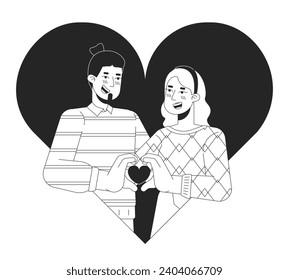 Caucasian girlfriend boyfriend 14 february black and white 2D illustration concept. Valentine day couple cartoon outline characters isolated on white. Bonding relations metaphor monochrome vector art