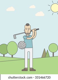 A caucasian golf player with beard hitting the ball in the field. Vector line design illustration. Vertical layout with a text space for a social media post.