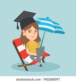 Caucasian graduate lying in chaise longue under beach umbrella. Young graduate in graduation cap working on a laptop on the beach. Online education concept. Vector cartoon illustration. Square layout.