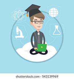 Caucasian graduate sitting on cloud with laptop. Student in graduation cap working on laptop. Concept of educational technology. Vector flat design illustration in the circle isolated on background.