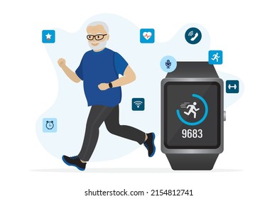 Caucasian Grandfather Uses Smart Watch For Counting Steps. Fitness Tracker With Application - Step Counter, Pedometer, Activity Heart Rate Monitoring. Old Man Running. Wireless Technology. Flat Vector