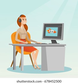 Caucasian graphic designer wearing headphones and drawing on graphics tablet. Young graphic designer using a digital graphics tablet, computer and pen. Vector cartoon illustration. Square layout.