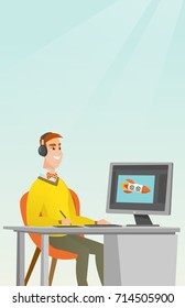 Caucasian graphic designer wearing headphones and drawing on graphics tablet. Young graphic designer using a digital graphics tablet, computer and pen. Vector cartoon illustration. Vertical layout.