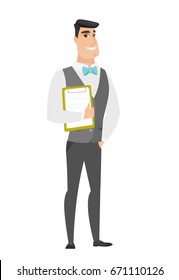Caucasian groom holding a clipboard with documents. Full length of young groom with documents. Groom in a wedding suit holding documents. Vector flat design illustration isolated on white background.