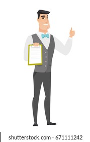 Caucasian groom holding clipboard and giving thumb up. Full length of groom in a wedding suit with clipboard. Groom showing clipboard. Vector flat design illustration isolated on white background.