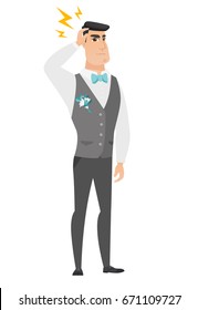 Caucasian groom with lightning over head. Full length of young groom with lightning. Confident groom bridegroom standing under lightning. Vector flat design illustration isolated on white background.