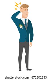 Caucasian groom with lightning over head. Full length of young groom with lightning. Confident groom bridegroom standing under lightning. Vector flat design illustration isolated on white background.