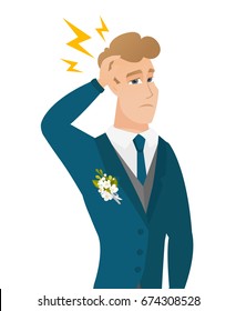 Caucasian groom with lightning over his head. Young groom standing under lightning. Vector flat design illustration isolated on white background.