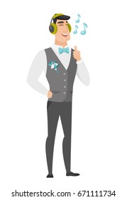 Noivo caucasiano ouvindo música em fones de ouvido. Comprimento completo do jovem noivo feliz com os olhos fechados ouvindo música em fones de ouvido. Ilustração de design plano vetorial isolada sobre fundo branco.