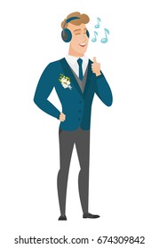 Noivo caucasiano ouvindo música em fones de ouvido. Comprimento completo do jovem noivo feliz com os olhos fechados ouvindo música em fones de ouvido. Ilustração de design plano vetorial isolada sobre fundo branco.