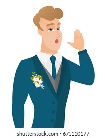 O noivo caucasiano perdeu e pediu ajuda. Noivo em um terno de casamento pedindo ajuda. Noivo em apuros pedindo ajuda. Ilustração de design plano vetorial isolada sobre fundo branco.
