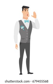 Caucasian groom lost and calling for help. Full length of groom in a wedding suit calling for help. Groom in trouble calling for help. Vector flat design illustration isolated on white background.