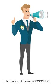 Caucasian groom with a megaphone making an announcement. Young groom making an announcement through megaphone. Concept of announcement. Vector flat design illustration isolated on white background.