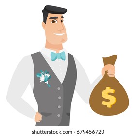 Caucasian groom showing a money bag with a dollar sign. Young happy groom holding a money bag. Vector flat design illustration isolated on white background.