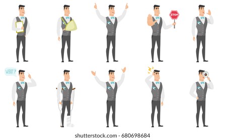 Caucasian groom showing stop road sign. Full length of young groom holding stop road sign. Serious groom with stop road sign. Set of vector flat design illustrations isolated on white background.