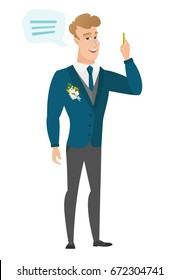 Caucasian groom with a speech bubble. Full length of young happy groom giving a speech. Goom with a speech bubble coming out of his head. Vector flat design illustration isolated on white background.