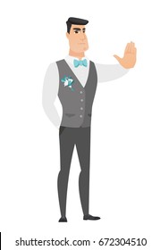 Caucasian groom tow fingers showing stop hand gesture. Full length of young groom doing stop gesture. Serious groom with a stop gesture. Vector flat design illustration isolated on white background.