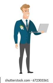 Caucasian groom using a laptop. Full length of young smiling groom working on a laptop. Cheerful groom in a wedding suit holding a laptop. Vector flat design illustration isolated on white background.