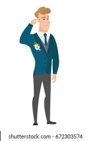Caucasian groom in a wedding suit gesturing with his finger against his temple. Full length of groom twisting his finger against temple. Vector flat design illustration isolated on white background.
