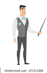 Caucasian groom in a wedding suit holding pointer stick. Full length of young groom with pointer stick. Groom pointing with pointer stick. Vector flat design illustration isolated on white background