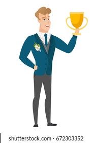 Caucasian groom in a wedding suit holding a golden trophy. Full length of young groom with a trophy. Happy groom celebrating with a trophy. Vector flat design illustration isolated on white background