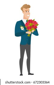 Caucasian groom in a wedding suit holding a bouquet of flowers. Full length of groom with a bouquet of flowers. Happy groom with flowers. Vector flat design illustration isolated on white background.