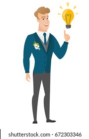 Caucasian groom in a wedding suit pointing at a bright idea light bulb. Young groom having a creative idea. Concept of successful idea. Vector flat design illustration isolated on white background.