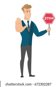 Caucasian groom in a wedding suit showing stop road sign. Full length of groom holding stop road sign. Serious groom with stop road sign. Vector flat design illustration isolated on white background.