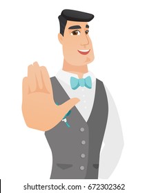 Caucasian groom in a wedding suit showing palm hand. Young groom making stop gesture by his palm. Vector flat design illustration isolated on white background.