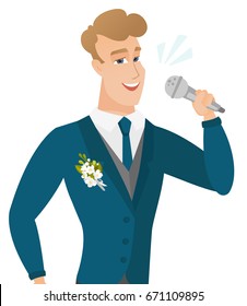 Caucasian groom in a wedding suit singing to the microphone. Young groom singing with closed eyes. Happy groom singing to the mic. Vector flat design illustration isolated on white background.