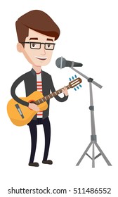 Caucasian guitar player singing song and playing an acoustic guitar. Singer singing into a microphone and playing an acoustic guitar. Vector flat design illustration isolated on white background.