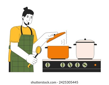 Hombre caucásico que cubre la olla con la tapa 2D lineal personaje de dibujos animados. Preparación de la comida. Hombre europeo aislado línea vector persona fondo blanco. Ilustración plana del color del utensilio de cocción de la estufa