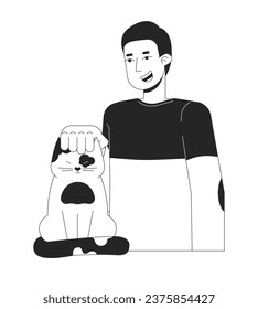 Caucasian guy gently petting cat black and white 2D line cartoon character. European pet owner isolated vector outline person. Kitten being petted. Vet male monochromatic flat spot illustration