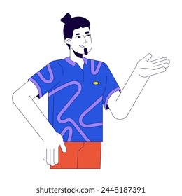 Hombre caucásico haciendo sugerencia 2D lineal personaje de dibujos animados. Discusión hombre participante línea aislada Vector persona fondo blanco. Gesto indicativo, que explica la ilustración de manchas planas de color