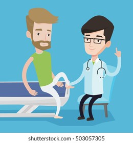 Caucasian gym doctor checking ankle of a patient. Physio therapist examining leg of hipster sportsman. Physio therapist giving a leg massage to patient. Vector flat design illustration. Square layout.