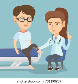 Caucasian gym doctor checking the ankle of a patient. Physio therapist examining the leg of sportswoman. Physio therapist giving a leg massage to a patient. Vector cartoon illustration. Square layout.