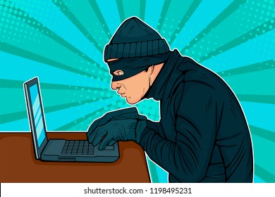 Caucasian Hacker Thief Hacking Into A Computer. Vector Illustration In Pop Art Retro Comic Style