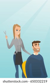 Caucasian hairdresser cutting hair of young hipster man with beard at barbershop. Hairdresser making haircut to a client with scissors in barbershop. Vector flat design illustration. Vertical layout.