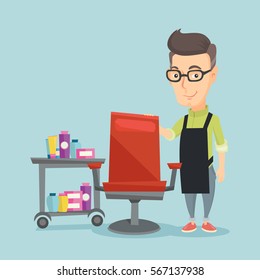 Caucasian hairdresser standing near armchair and table with cosmetics in beauty shop. Professional hairdresser standing at workplace in beauty salon. Vector flat design illustration. Square layout.