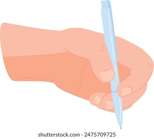 Mano caucásica que sostiene la pluma azul lista, uñas detalladas, tonos de carne realistas. Pluma de mano humana de primer plano, pluma azul, gesto, piel pálida, ilustración precisa. Lápiz de diseño conceptual